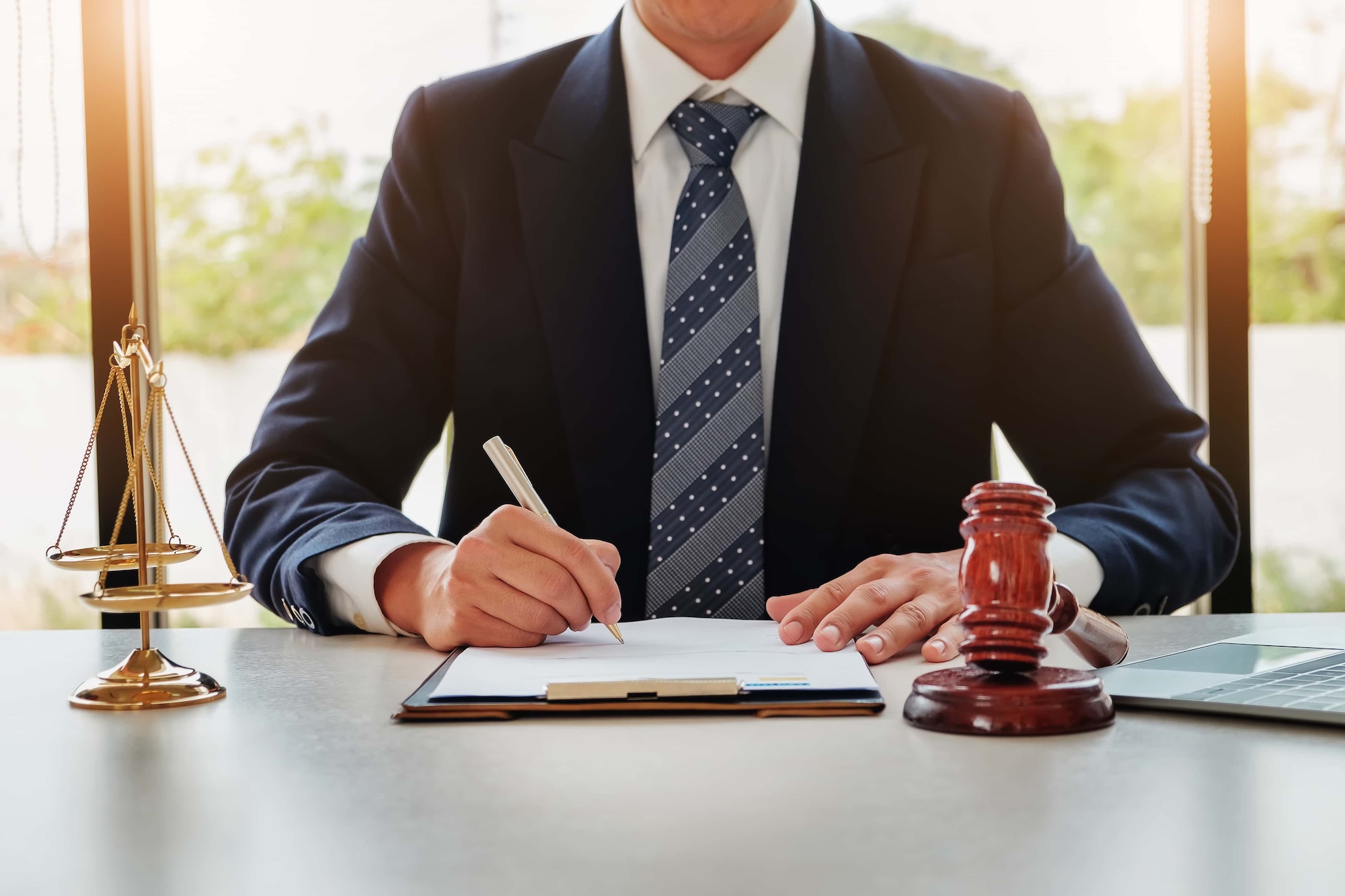 Lawyer concept Legal professions with legal devices gavel and lawyer brand on desk in office