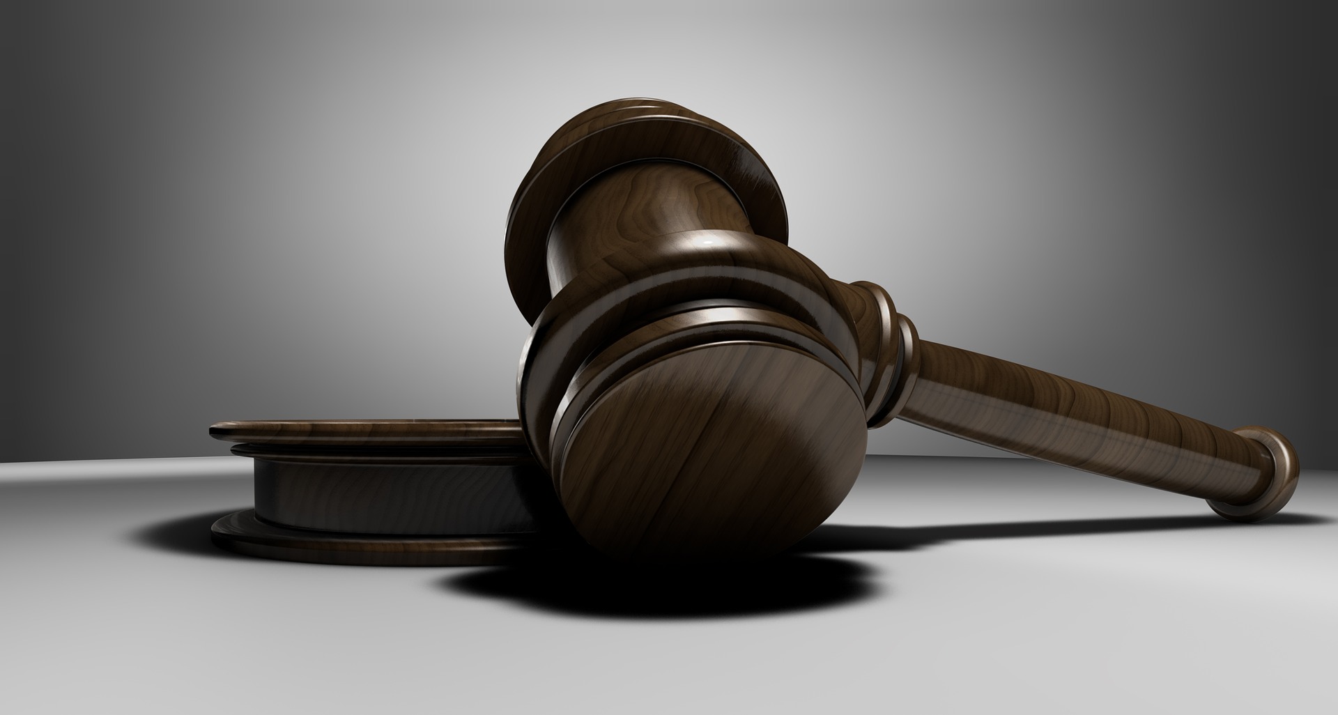 A wooden gavel rests on its sounding block
